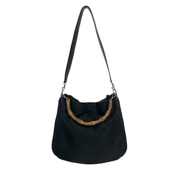 Gucci Bamboo Handle Black Nylon Two Way Shoulder Bag Authentic w Serial # - Picture 5 of 14